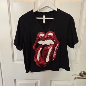 Black T-Shirt with Red Sequin Tongue Design